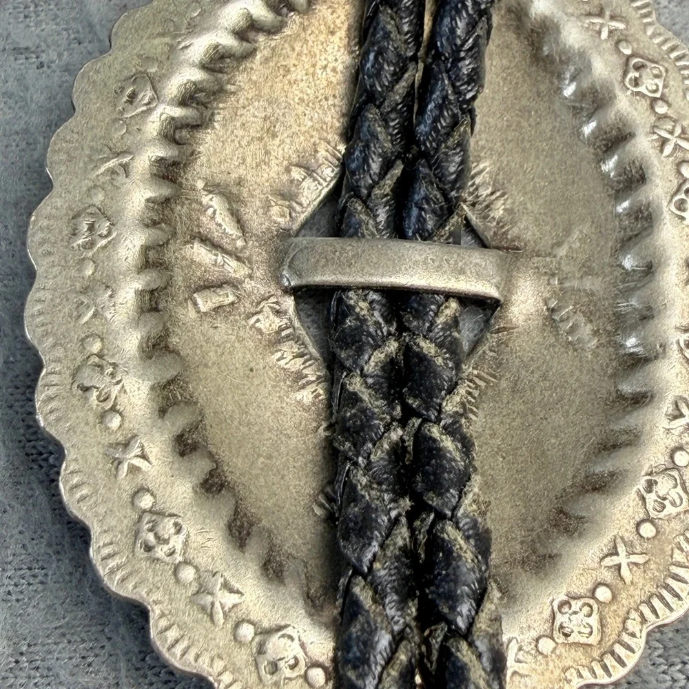Vintage Western Bolo Tie Silver Tone Stamped Concho Black Braided Cord Cowboy